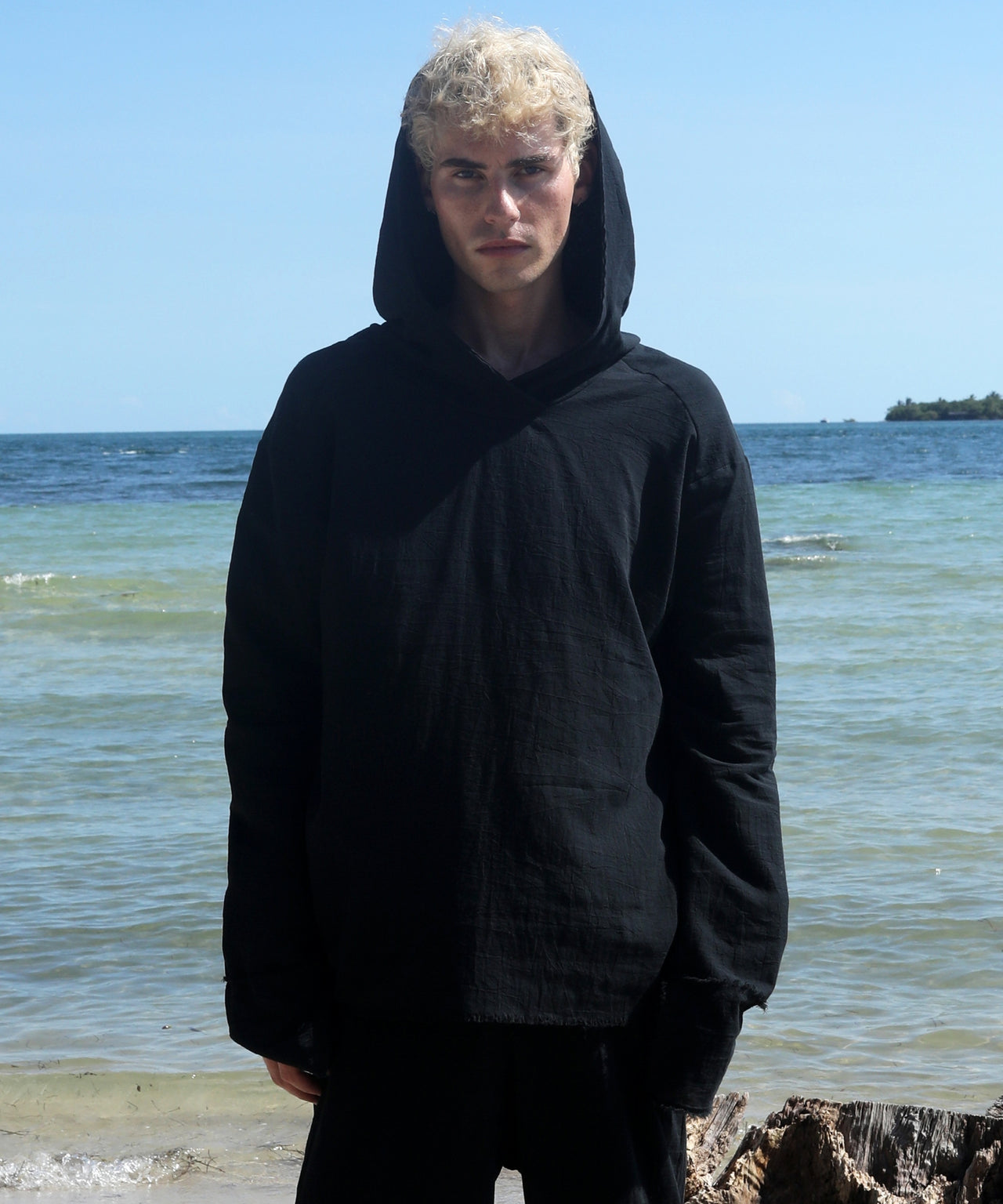 HOODED LONG SLEEVE, BLACK GAUZE