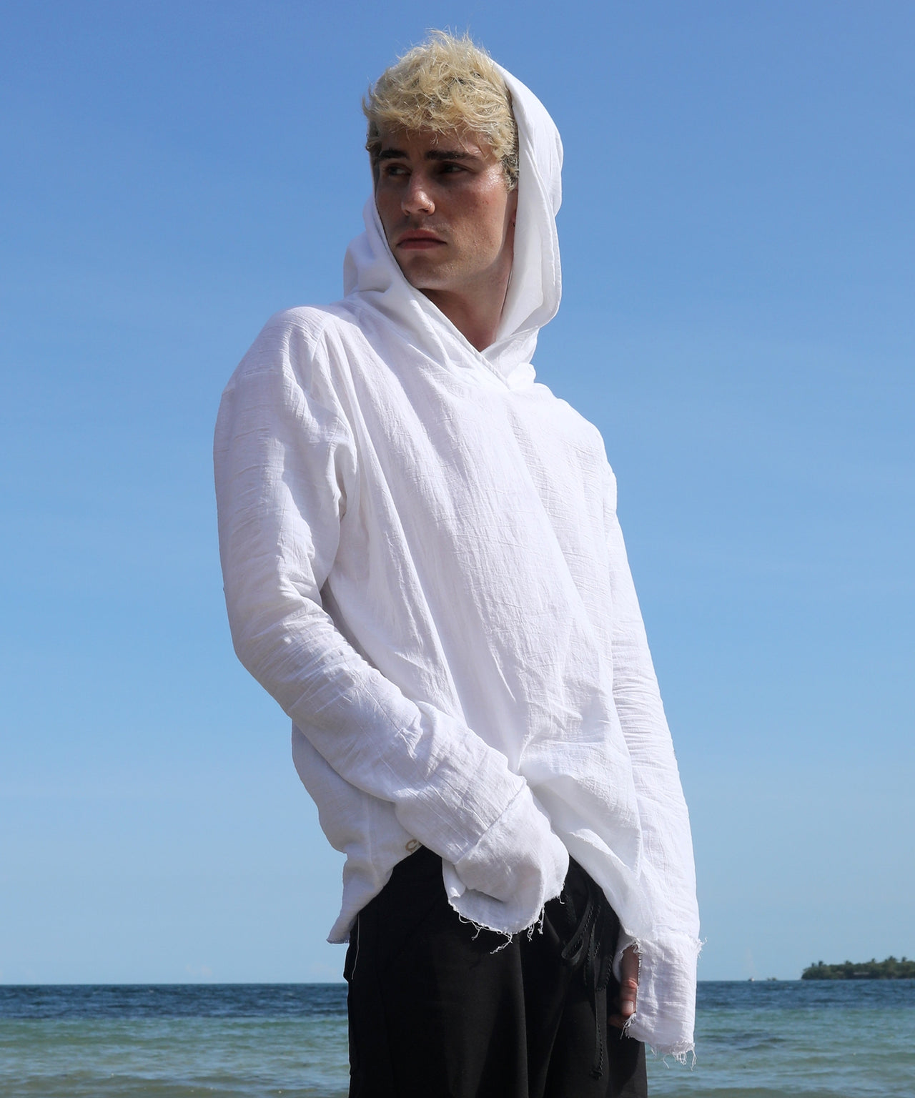 HOODED LONG SLEEVE, WHITE GAUZE