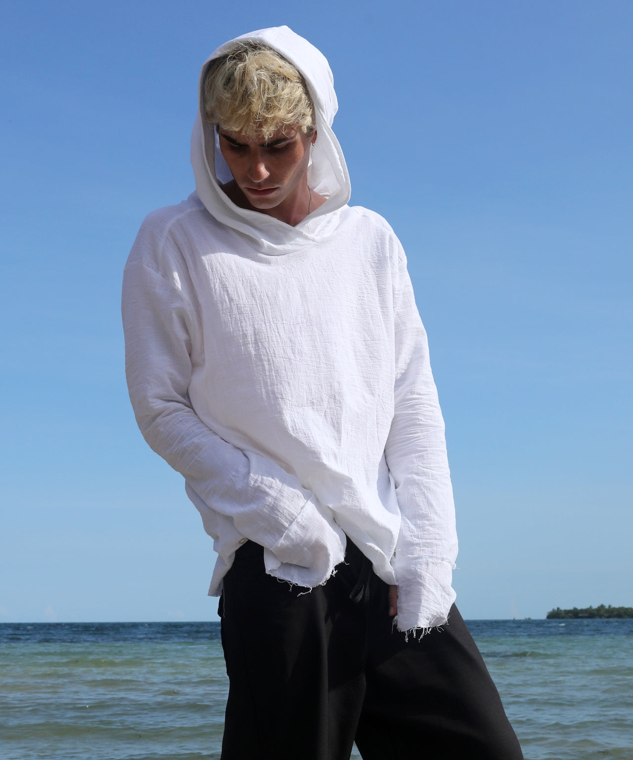 HOODED LONG SLEEVE, WHITE GAUZE